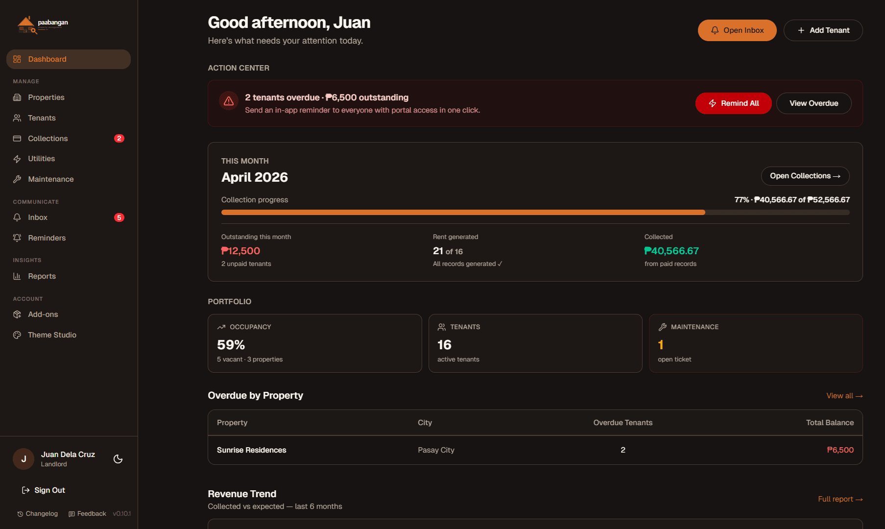 Paabangan landlord dashboard preview